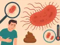 Uomo sofferente con batteri, feci e termometro. Attenzione alla salmonella in gravidanza.