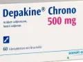 Scatola di Depakine Chrono 500 mg, farmaco a base di acido valproico, usato per trattare epilessia e disturbi bipolari.