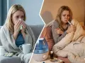 Donna con sintomi influenza 2026: raffreddata, febbricitante e coperta da coperte, con termometro e medicinali.