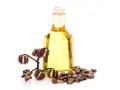 Olio di ricino per partorire: una bottiglia di olio dorato accanto a semi di ricino e capsule spinose.