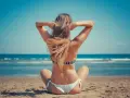 Donna in bikini seduta sulla sabbia, con le mani dietro la testa. Il mare sullo sfondo. Chissà quanto tempo ci vorrà per far sparire la cicatrice del sole.