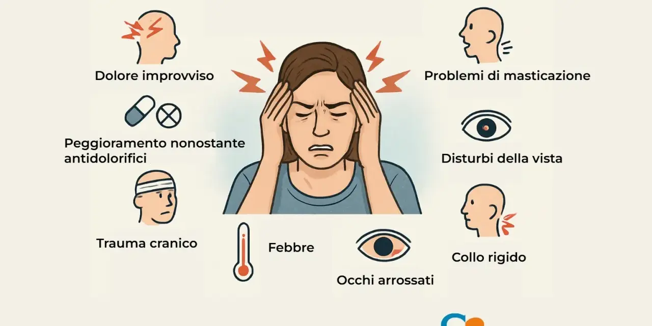 Sintomi di mal di testa: dolore improvviso, peggioramento con antidolorifici, problemi di masticazione, disturbi visivi, febbre, collo rigido, occhi arrossati.