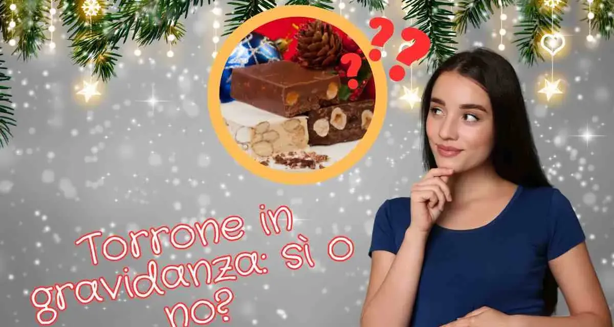 Una donna incinta pensa se mangiare il torrone durante la gravidanza, con un'immagine di torrone e decorazioni natalizie.