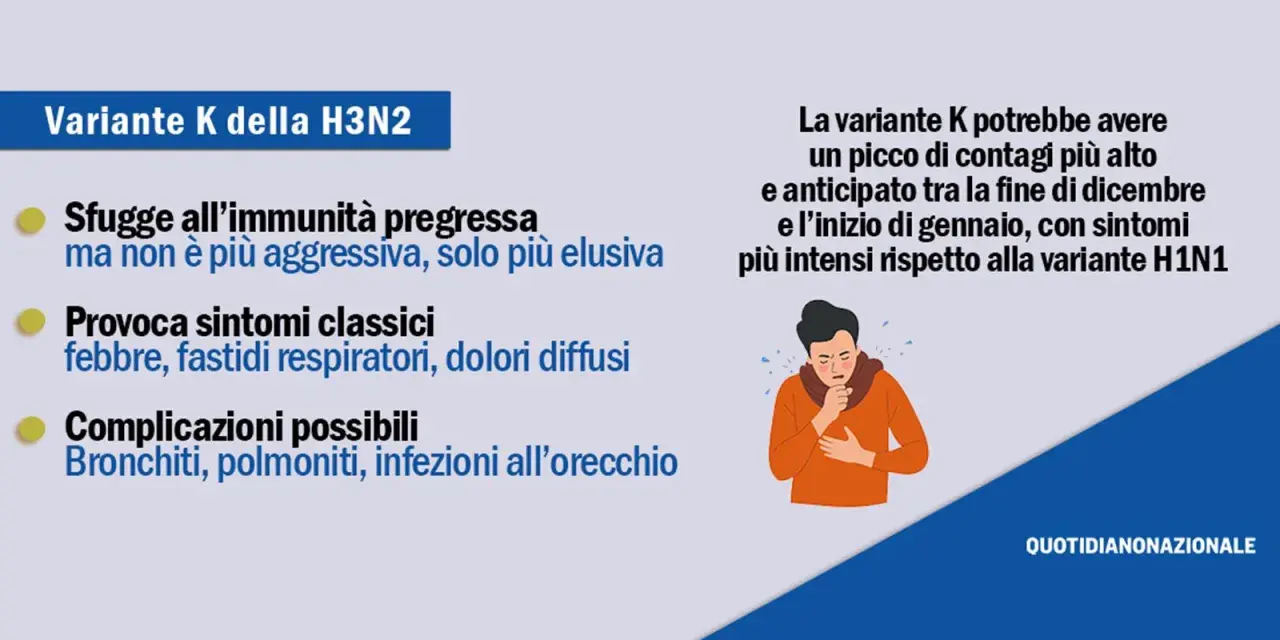 Variante K dell'influenza H3N2: elusiva, causa sintomi classici e possibili complicazioni. Picco contagi previsto a fine anno.