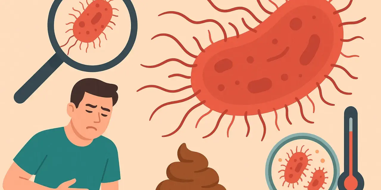 Uomo sofferente con batteri, feci e termometro. Attenzione alla salmonella in gravidanza.