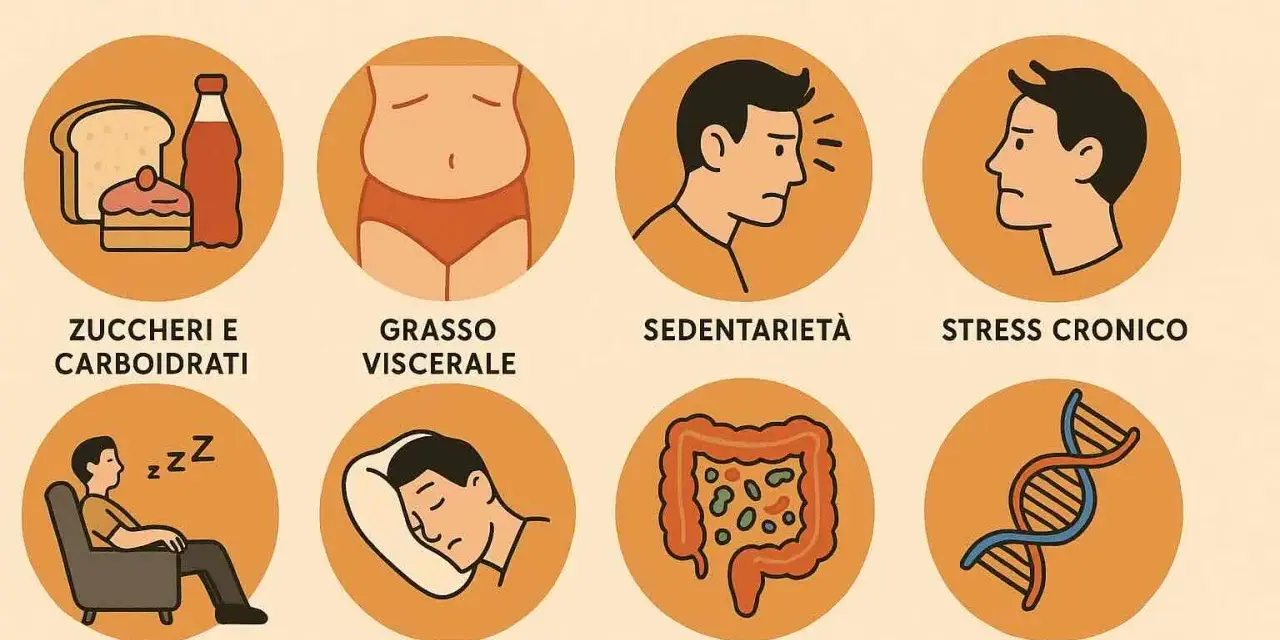 Cause di insulino resistenza: zuccheri, grasso viscerale, sedentarietà, stress, sonno insufficiente, infiammazione, età e genetica.