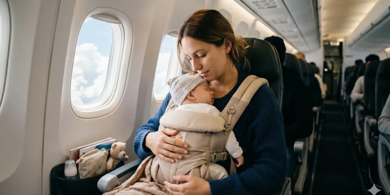 Mamma abbraccia il suo neonato in un marsupio durante un volo. I neonati in aereo dormono sereni, cullati dal movimento.