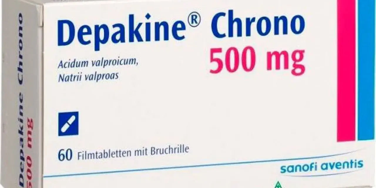 Scatola di Depakine Chrono 500 mg, farmaco a base di acido valproico, usato per trattare epilessia e disturbi bipolari.