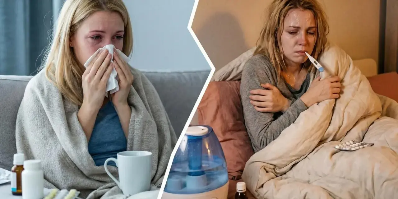 Donna con sintomi influenza 2026: raffreddata, febbricitante e coperta da coperte, con termometro e medicinali.