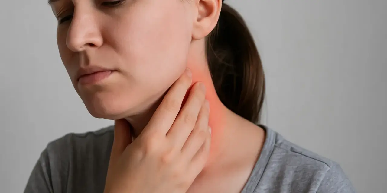 Donna con mano sul collo arrossato, preoccupata per i sintomi cervicali.