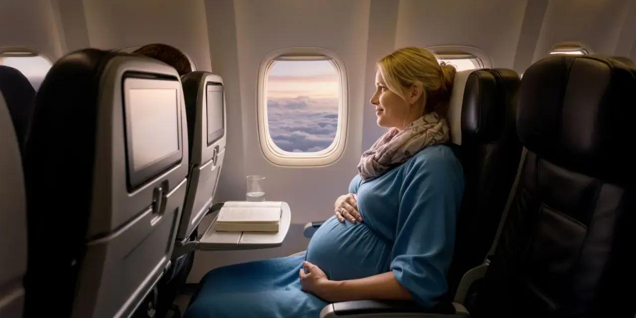 Donna incinta in aereo, con la pancia che si intravede sotto il vestito blu, guarda fuori dal finestrino le nuvole al tramonto.