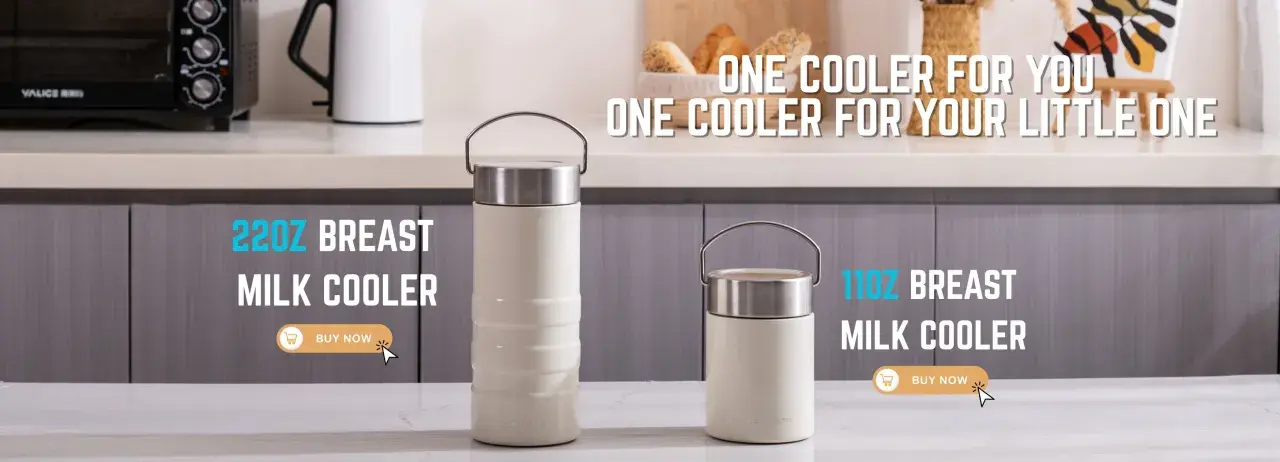 Due contenitori termici per latte materno, ideali per mantenerlo alla temperatura ambiente. Uno da 22oz e uno da 11oz.