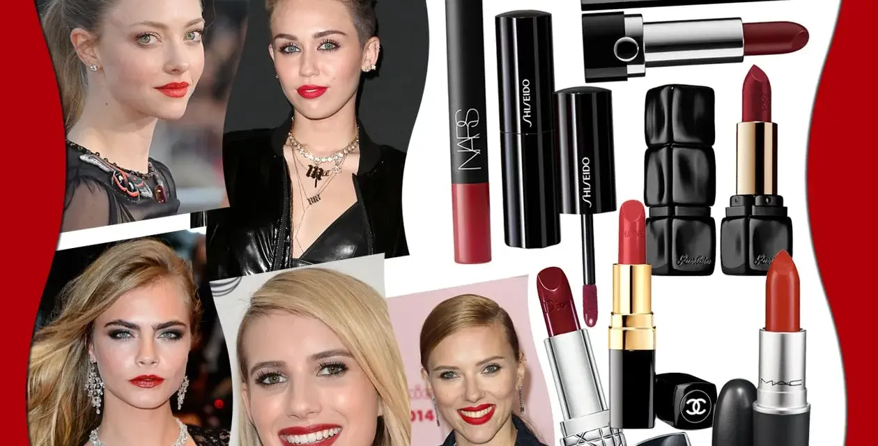 Rossetti per bionde occhi marroni: Amanda Seyfried, Miley Cyrus, Cara Delevingne, Emma Roberts e Scarlett Johansson sfoggiano labbra rosse.