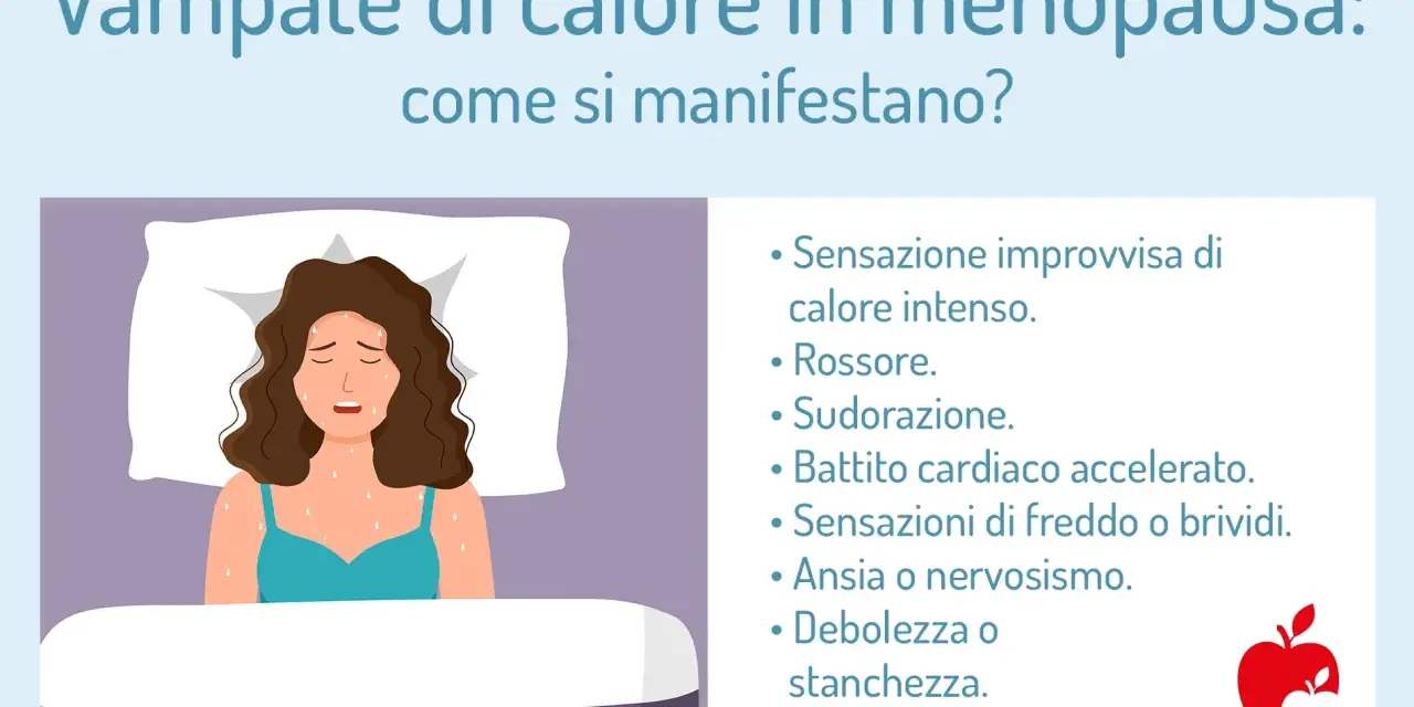 Donna in letto con vampate di calore, sudorazione e rossore. Le vampate sono positive per la menopausa, ma causano disagio.