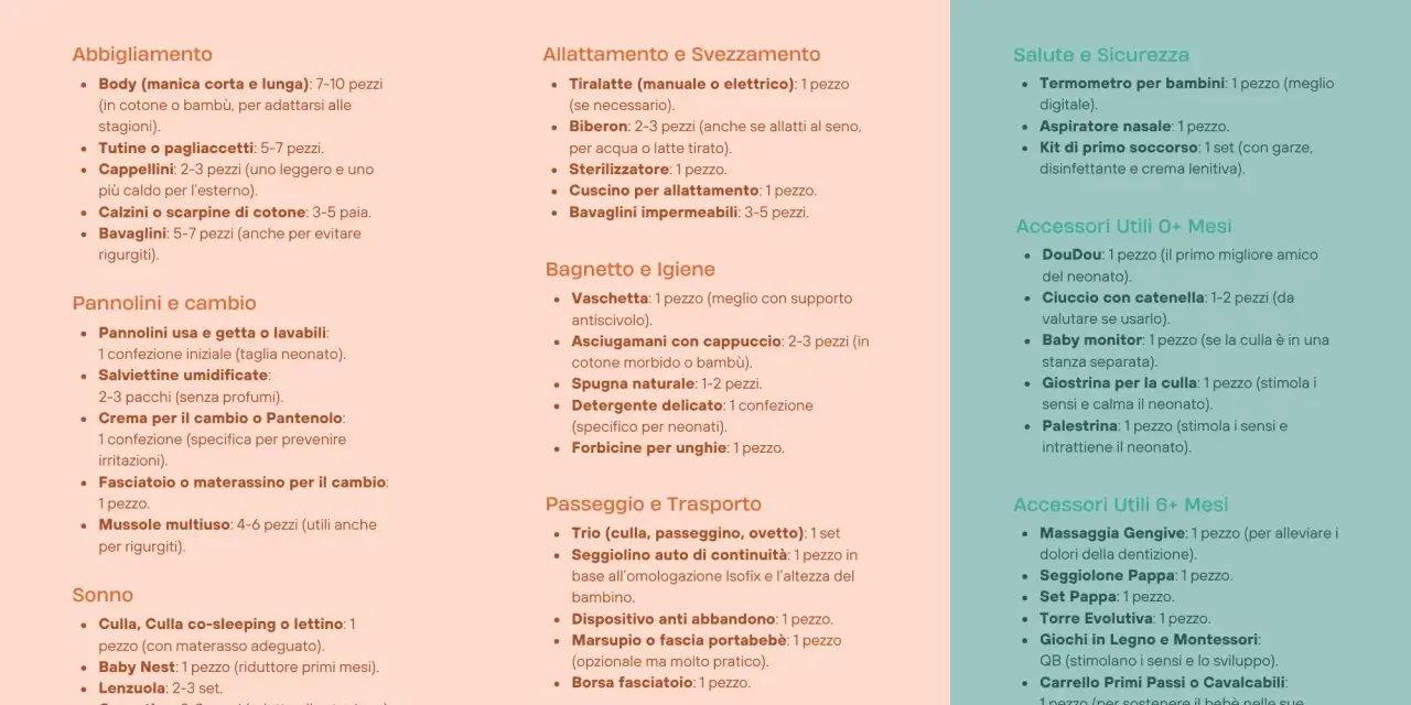 Lista nascita preimpostata: abbigliamento, pannolini, sonno, allattamento, igiene, passeggio, salute, sicurezza e accessori utili per ogni età.