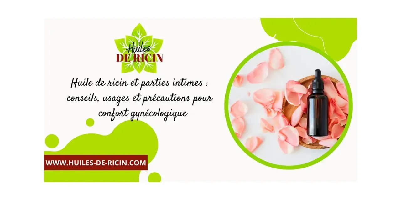 Flacon di olio di ricino su petali di rosa, con testo su consigli e usi per il comfort intimo.