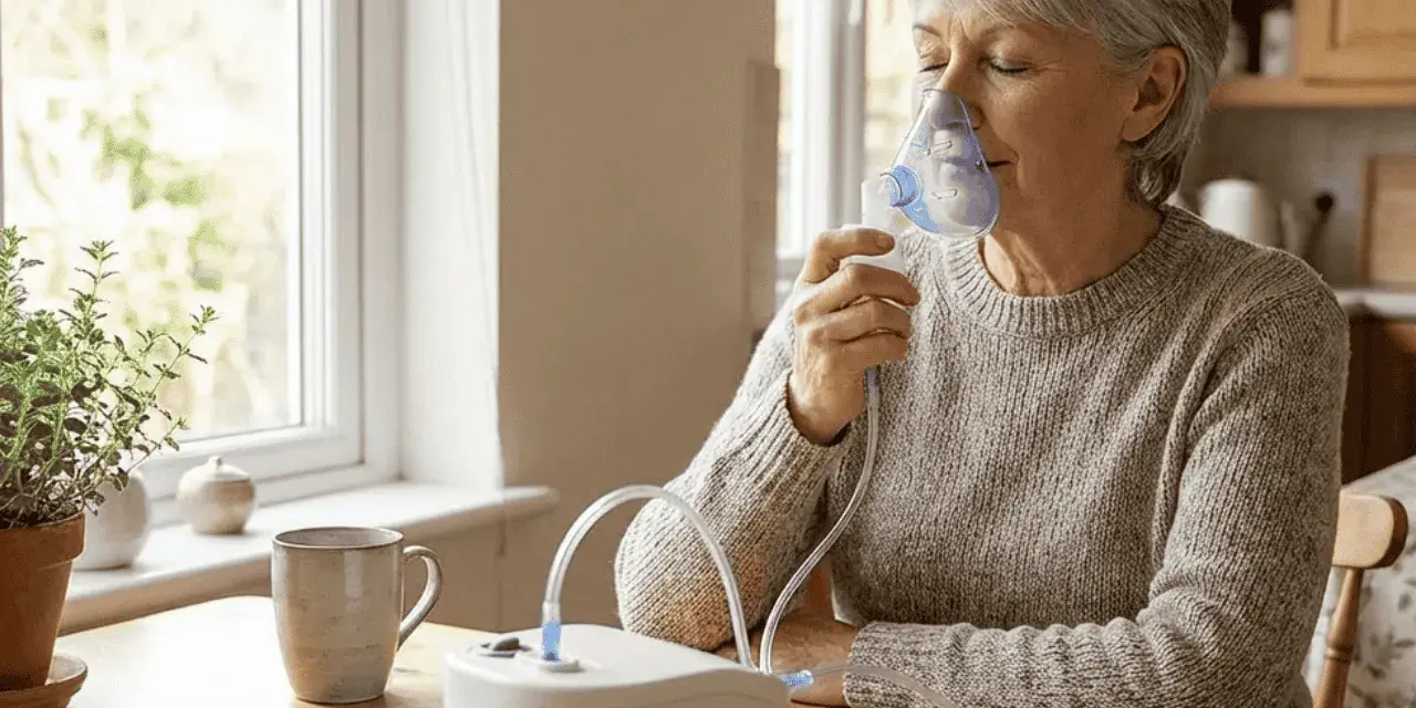Donna anziana usa un prontinal aerosol per respirare meglio, seduta a un tavolo vicino a una finestra luminosa.