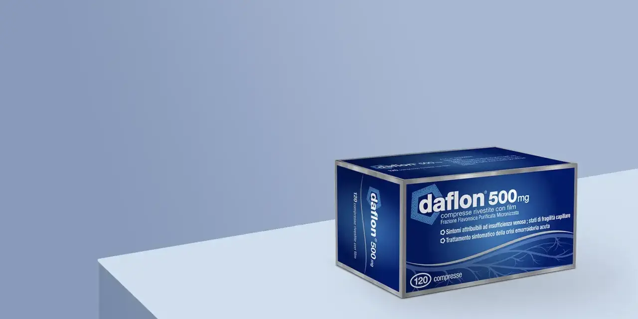 Scatola di Daflon 500 mg, farmaco utile per il trattamento dei sintomi delle emorroidi.