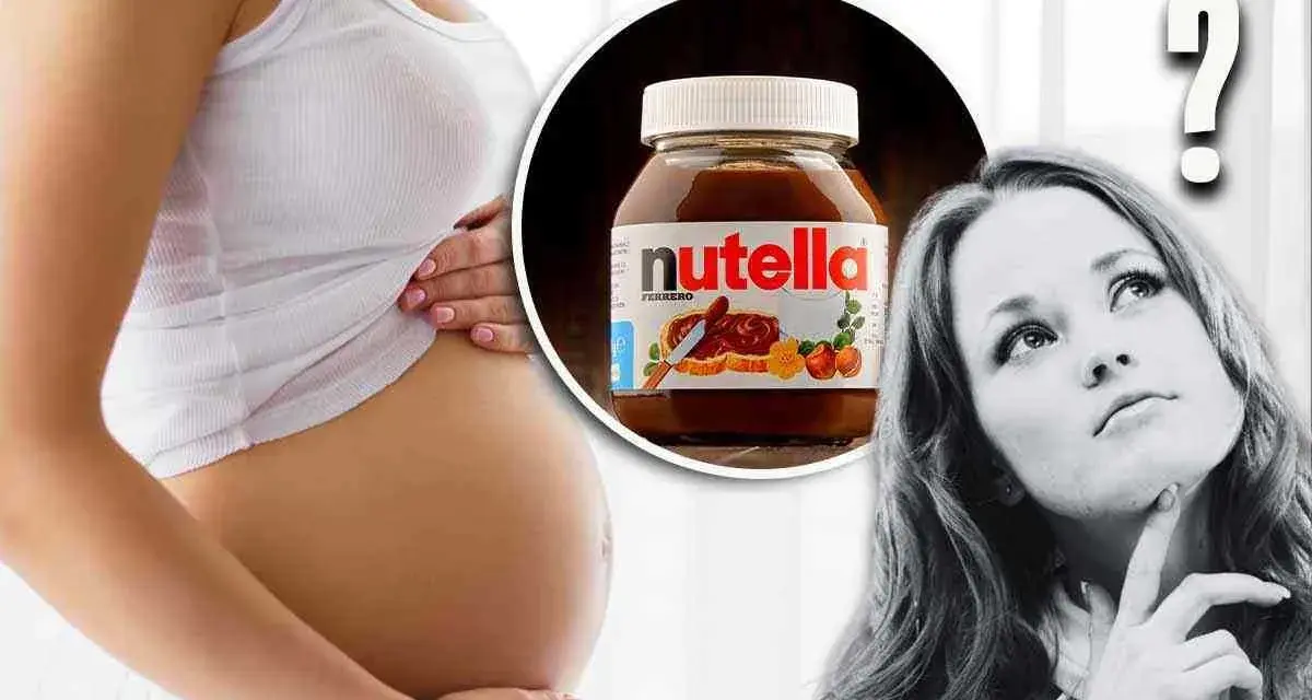Pancia di donna incinta, barattolo di Nutella e punto interrogativo. La domanda è: si può mangiare la Nutella in gravidanza?