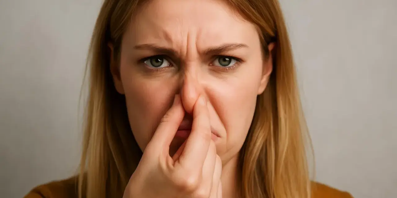 Donna con espressione disgustata che si tappa il naso, forse per un sederino rosso per cacca acida.