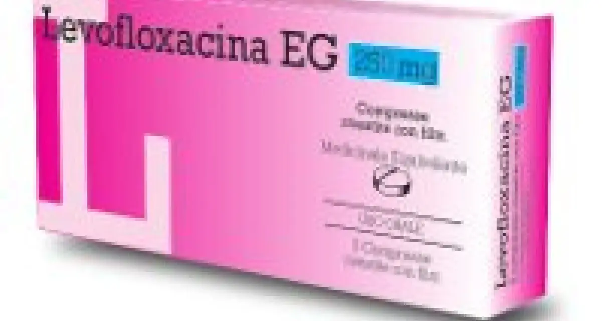 Scatola di Levoxacin EG 250 mg, con grande "L" rosa e dettagli informativi sul farmaco.