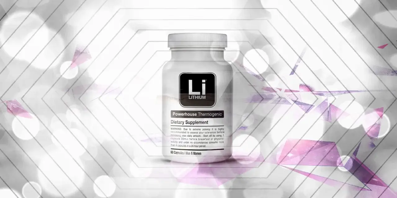 Flacone di integratore "Lithium Powerhouse Thermogenic". Un farmaco per il benessere.