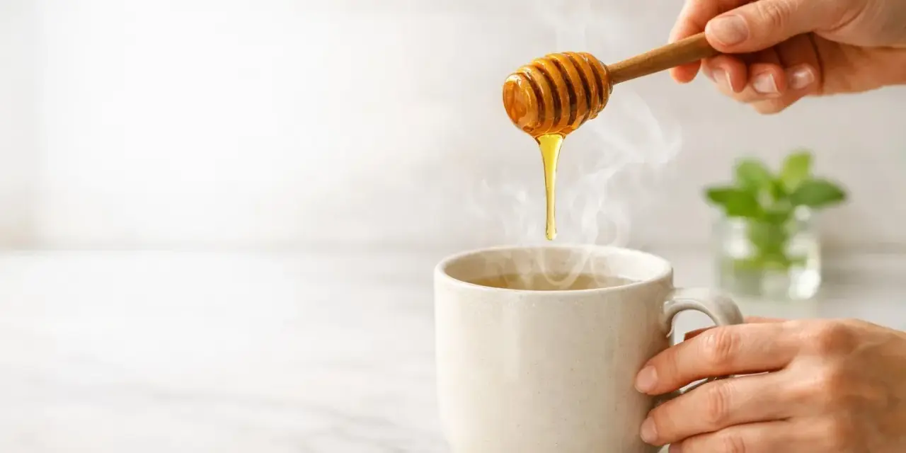 Miele che cola da un bastoncino in una tazza fumante, un rimedio naturale per la tosse.