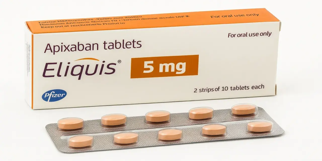 Eliquis, a 5 mg Apixaban tablet, serve a prevenire coaguli di sangue. La confezione contiene 2 blister da 10 compresse.