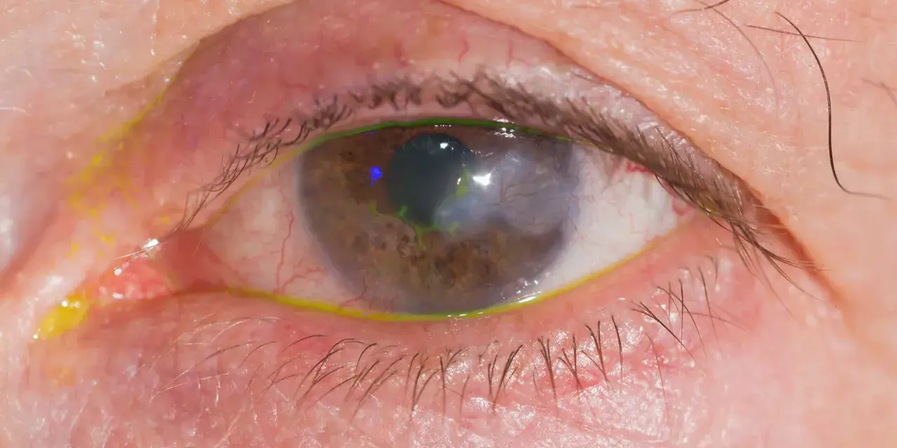 Occhio con segni di herpes, arrossamento e secrezioni giallastre. La cornea presenta un'area opaca e verdeggiante.