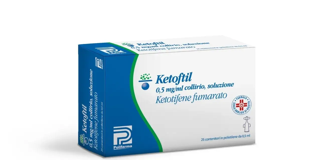 Scatola di Ketoftil collirio, soluzione 0,5 mg/ml, con 25 contenitori in polietilene da 0,5 ml.