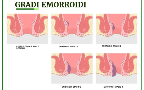 Illustrazione dei gradi di emorroidi, da normali a stadio 4. Capire quando preoccuparsi è fondamentale.