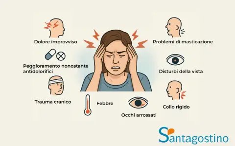 Sintomi di mal di testa: dolore improvviso, peggioramento con antidolorifici, problemi di masticazione, disturbi visivi, febbre, collo rigido, occhi arrossati.