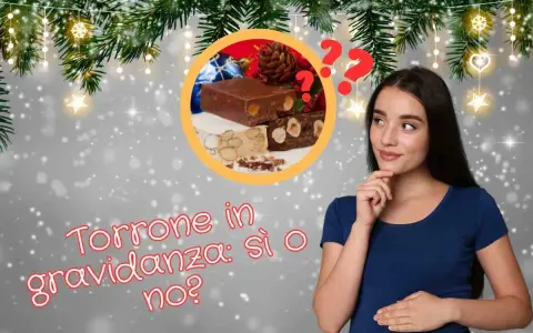 Una donna incinta pensa se mangiare il torrone durante la gravidanza, con un'immagine di torrone e decorazioni natalizie.