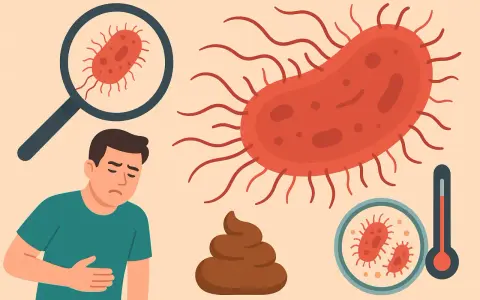 Uomo sofferente con batteri, feci e termometro. Attenzione alla salmonella in gravidanza.