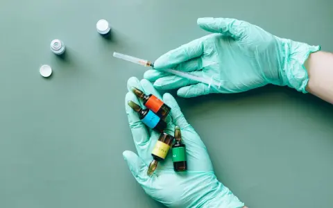 Mani guantate preparano fiale colorate, una siringa in mano, forse per il rocefin principio attivo.