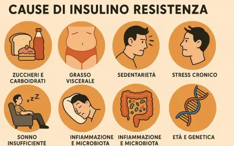 Cause di insulino resistenza: zuccheri, grasso viscerale, sedentarietà, stress, sonno insufficiente, infiammazione, età e genetica.