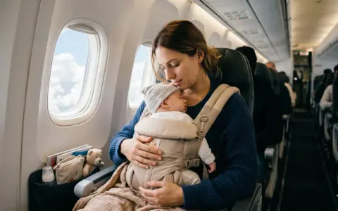 Mamma abbraccia il suo neonato in un marsupio durante un volo. I neonati in aereo dormono sereni, cullati dal movimento.