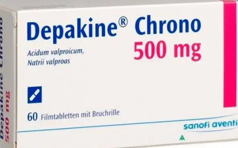 Scatola di Depakine Chrono 500 mg, farmaco a base di acido valproico, usato per trattare epilessia e disturbi bipolari.