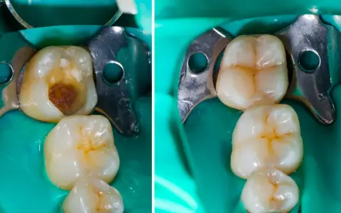 Prima e dopo: un dente con carie profonda e il suo ripristino con otturazione estetica.
