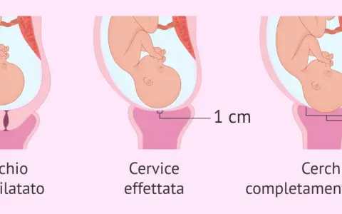 Illustrazione del nono mese di gravidanza: utero con feto, cervice non dilatata, dilatata 1 cm e completamente dilatata (10 cm).