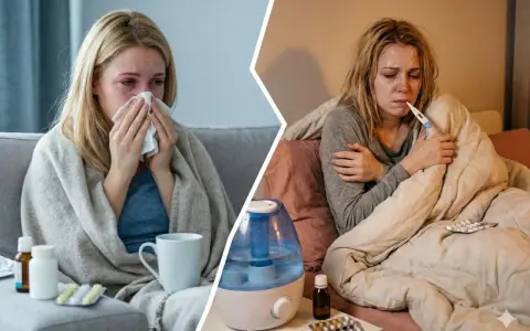 Donna con sintomi influenza 2026: raffreddata, febbricitante e coperta da coperte, con termometro e medicinali.