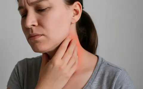 Donna con mano sul collo arrossato, preoccupata per i sintomi cervicali.
