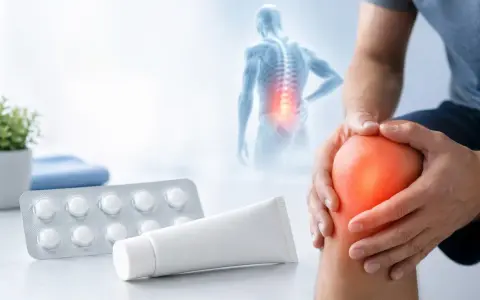 Uomo con dolore al ginocchio, blister di dicloreum compresse e tubo di crema.