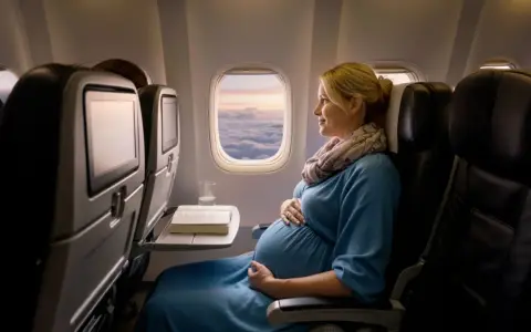 Donna incinta in aereo, con la pancia che si intravede sotto il vestito blu, guarda fuori dal finestrino le nuvole al tramonto.