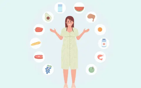Donna incinta con cibi attorno. Guida su cosa non mangiare in gravidanza tabella.