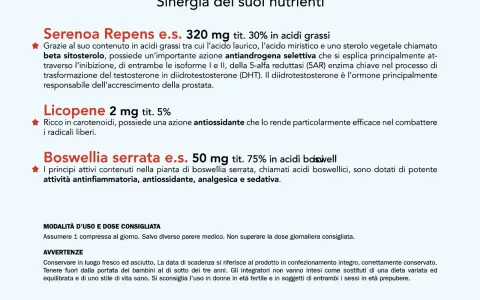 Serenoa Repens e.s. con beta sitosterolo aiuta a contrastare l'accrescimento della prostata. Licopene e Boswellia serrata completano l'azione.