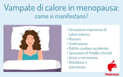 Donna in letto con vampate di calore, sudorazione e rossore. Le vampate sono positive per la menopausa, ma causano disagio.