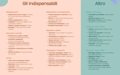 Lista nascita preimpostata: abbigliamento, pannolini, sonno, allattamento, igiene, passeggio, salute, sicurezza e accessori utili per ogni età.