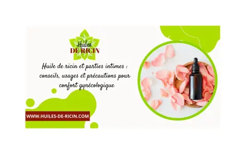 Flacon di olio di ricino su petali di rosa, con testo su consigli e usi per il comfort intimo.