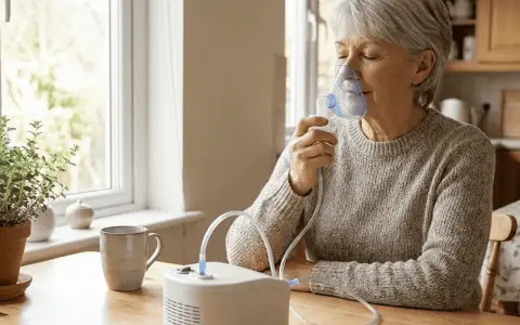 Donna anziana usa un prontinal aerosol per respirare meglio, seduta a un tavolo vicino a una finestra luminosa.